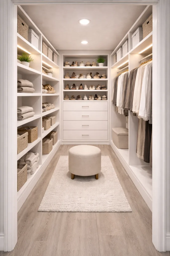 Walk-In Closet With Open Shelf Storage Idea