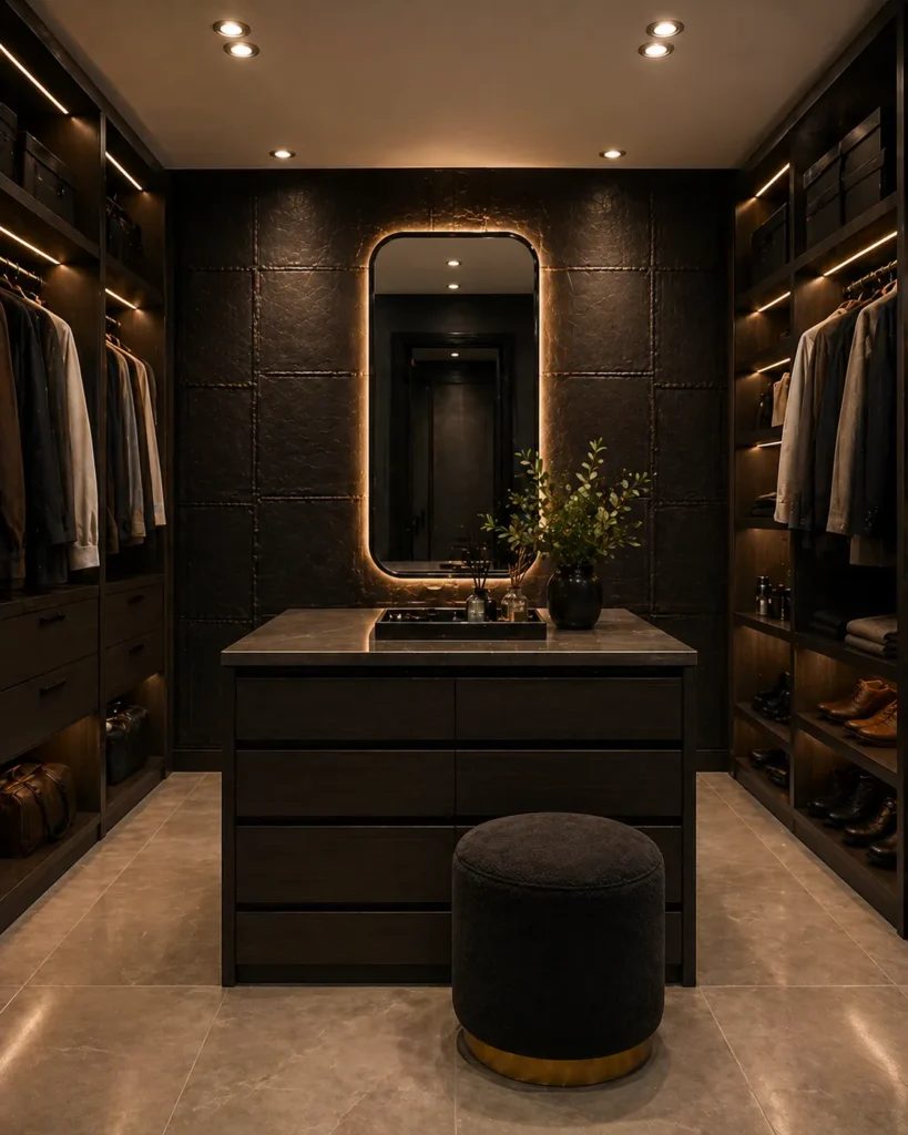 Walk-In Closet with Black Textured Leather Wallpaper Idea