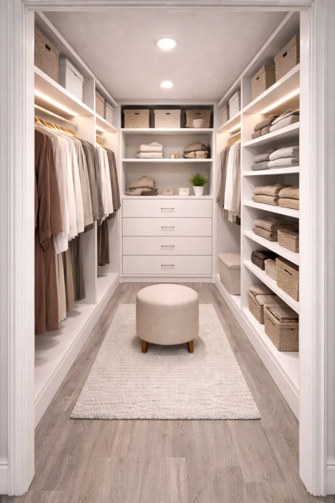 Walk-In Closet With Upper Storage Shelves Idea