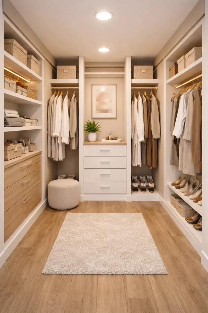 Walk-In Closet With Center Hanging Section Idea