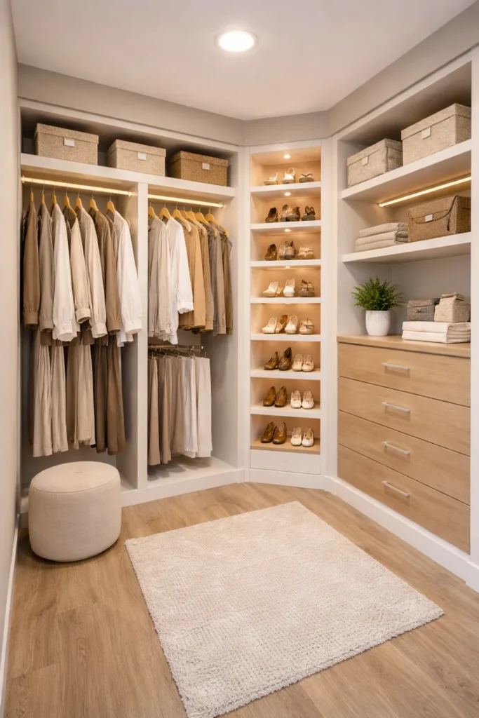 Walk-In Closet With Corner Shoe Display Idea