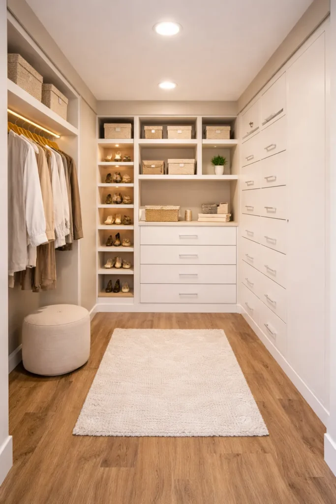 Walk-In Closet With Built-In Drawer Wall Idea