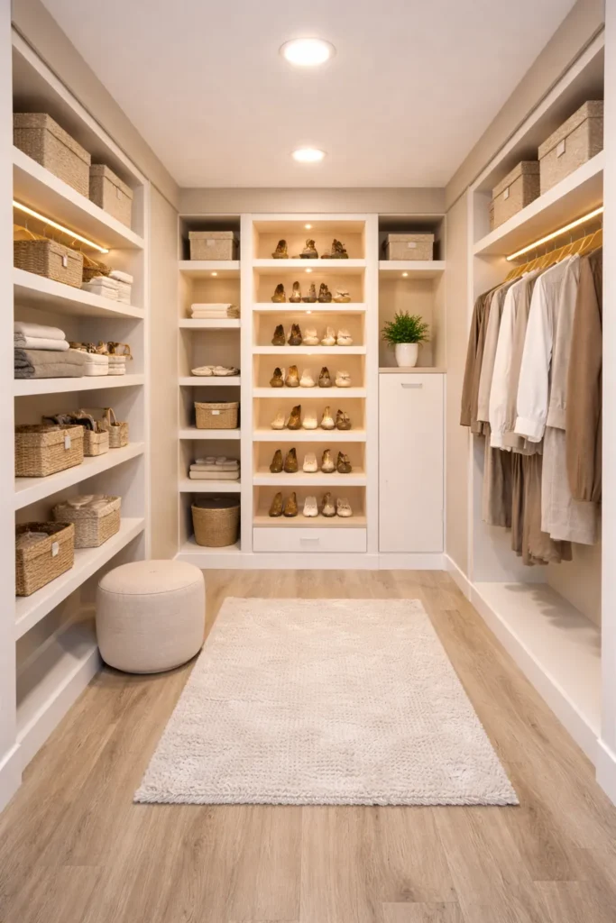 Walk-In Closet With Shelf-Focused Layout Idea