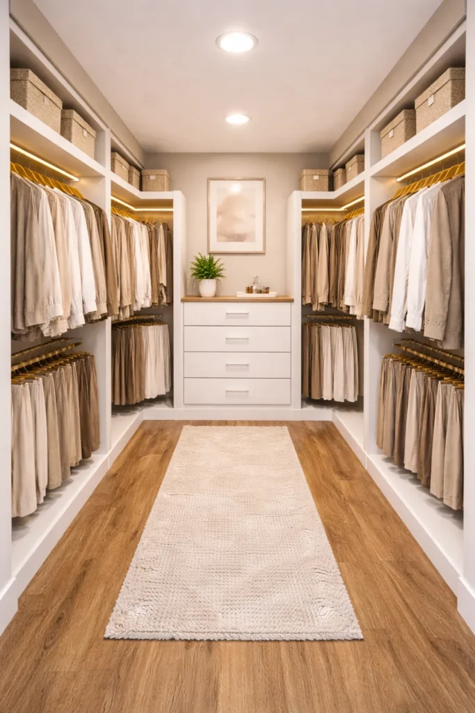 Walk-In Closet With Double Wall Hanging Idea