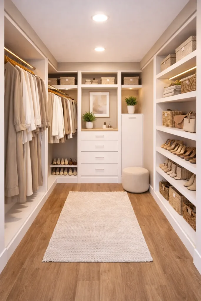Walk-In Closet With Shoe Storage Under Hanging Idea
