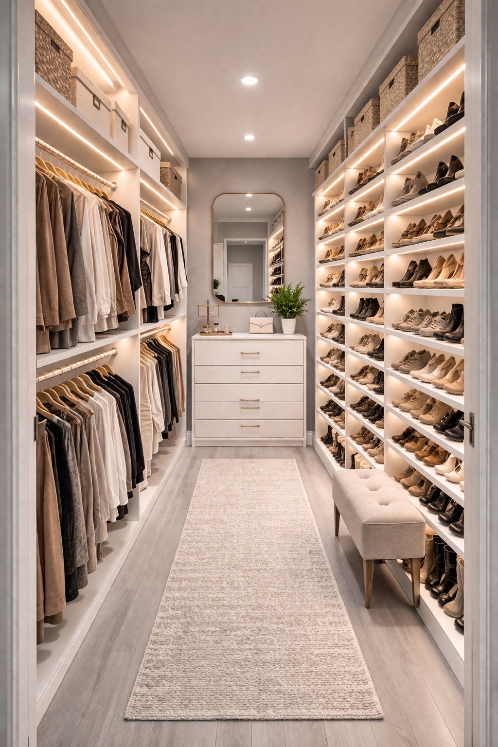 Walk-In Closet With Full Shoe Wall Idea