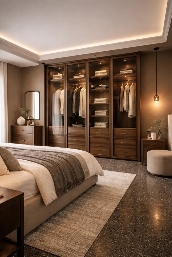 Walnut Glass Door Wardrobe with Bronze Frame Idea