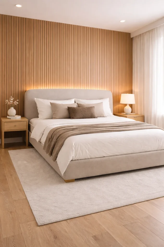 Warm Neutral Bedroom With Wooden Headboard Wall Idea