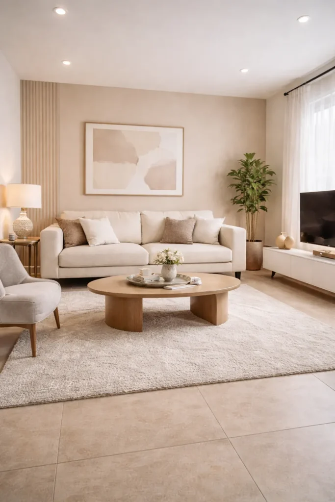 Warm Sand Tone Stylish Living Room Idea