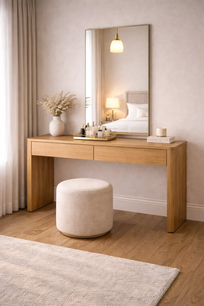 Warm Oak Wood Vanity with Vertical Mirror Idea