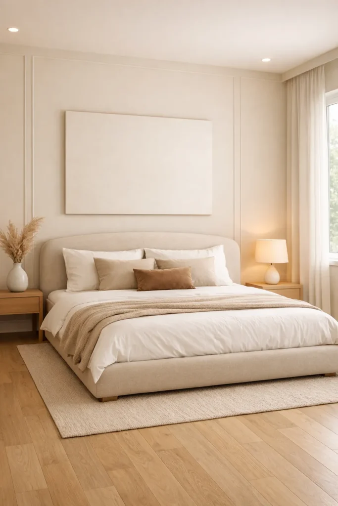 Warm Cream Minimalist Bedroom With Upholstered Statement Bed Idea