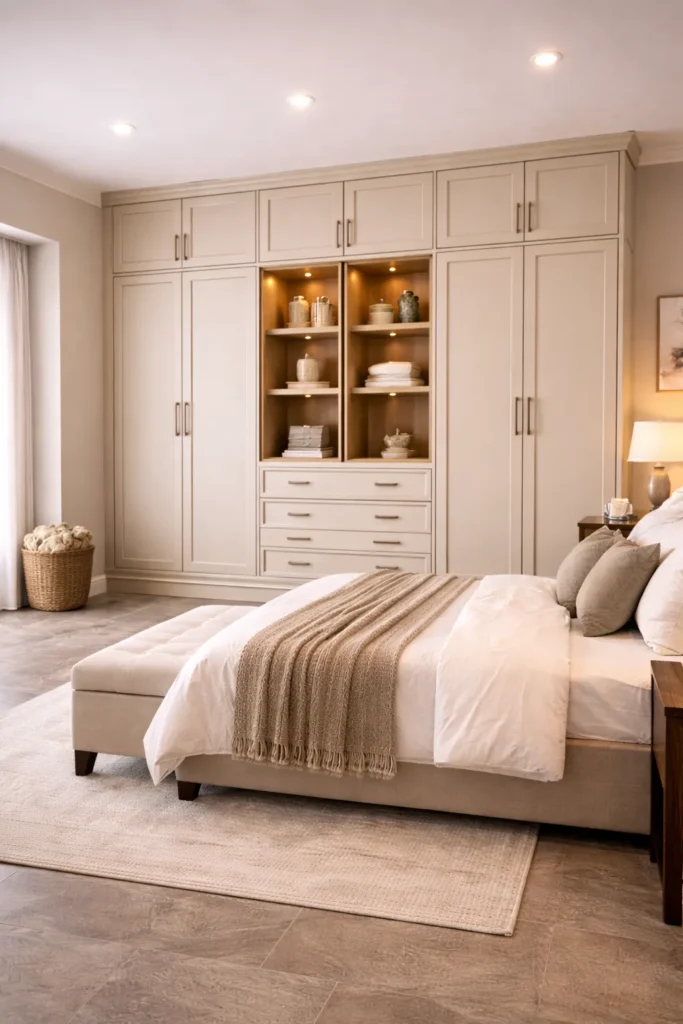 Warm Beige Wardrobe with Center Display Niches Idea