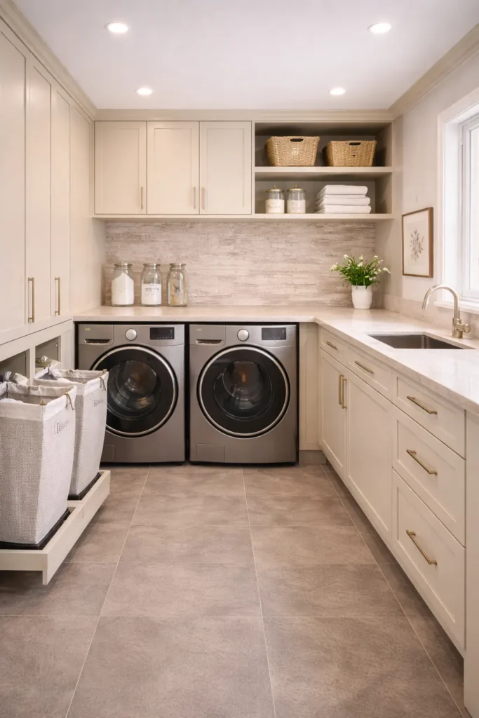 Warm Beige Laundry Room with Built-In Hampers Idea