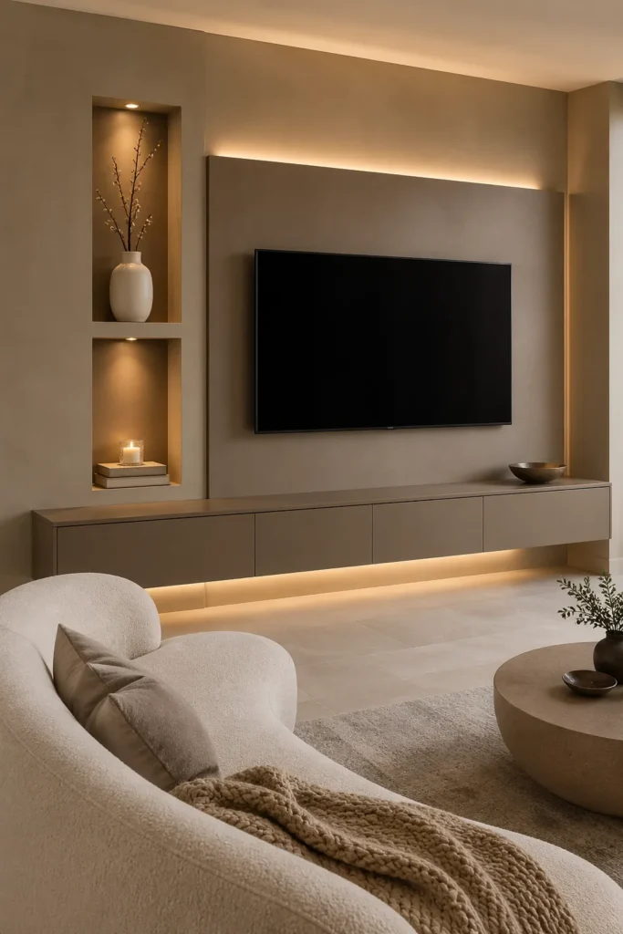 Warm Taupe Double Niche Media Wall Idea