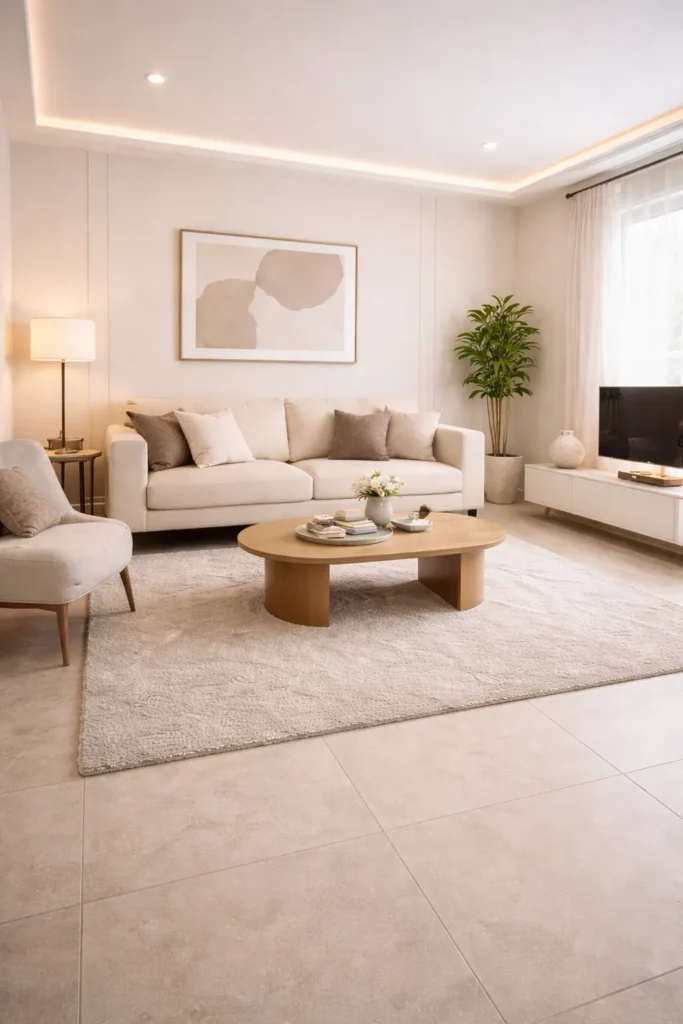 Warm Cream Minimal Stylish Living Room Idea