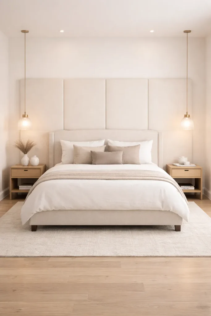 Warm Ivory Minimal Bedroom With Statement Headboard Idea