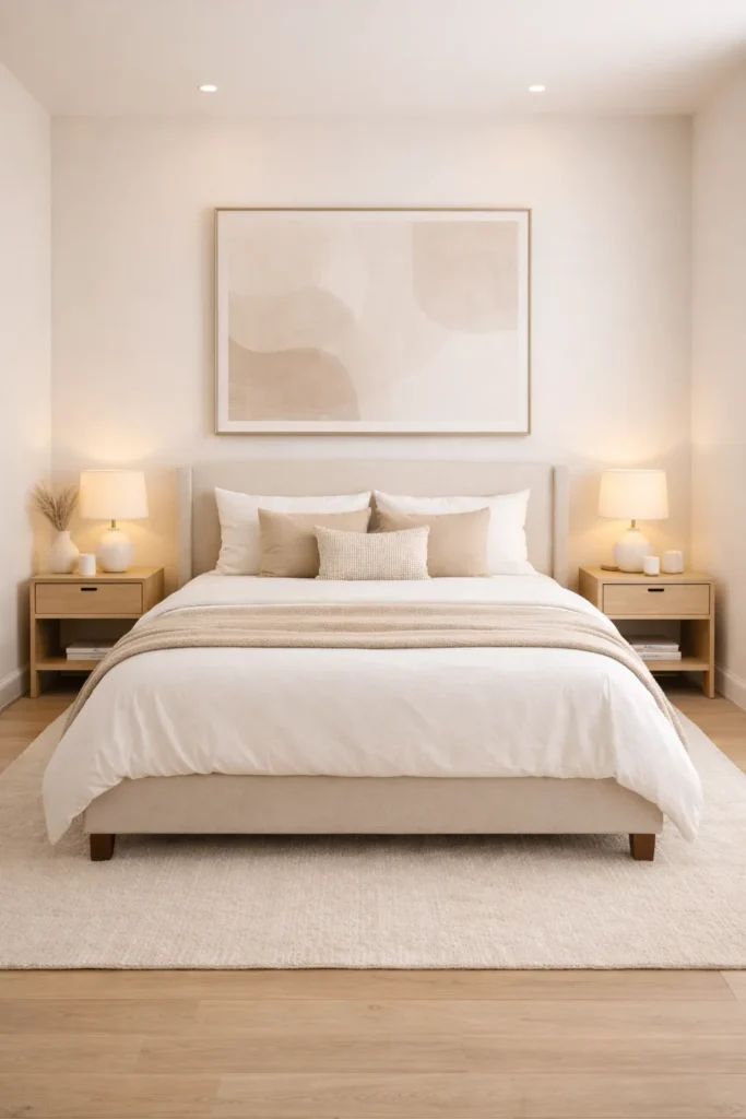 Warm Neutral Bedroom With Minimal Artwork Idea