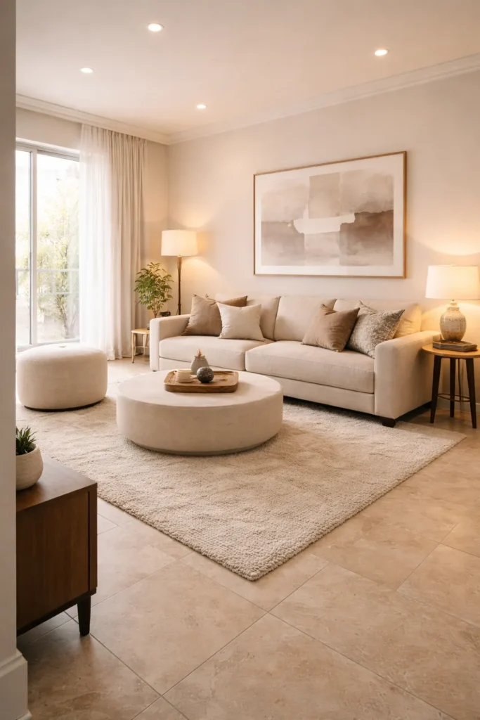 Warm Neutral Cozy Stylish Living Room Idea