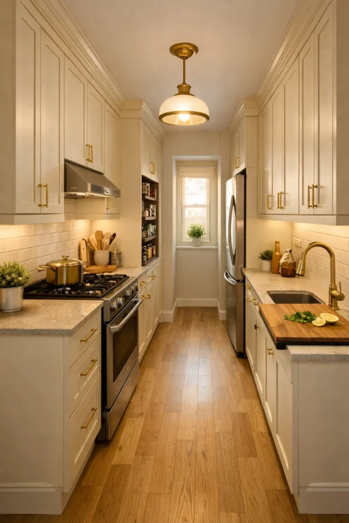 Warm Cream Galley Kitchen with Ceiling-Height Cabinets Idea
