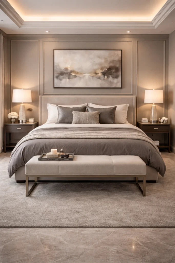 Warm Grey Hotel-Style Elegant Bedroom Idea