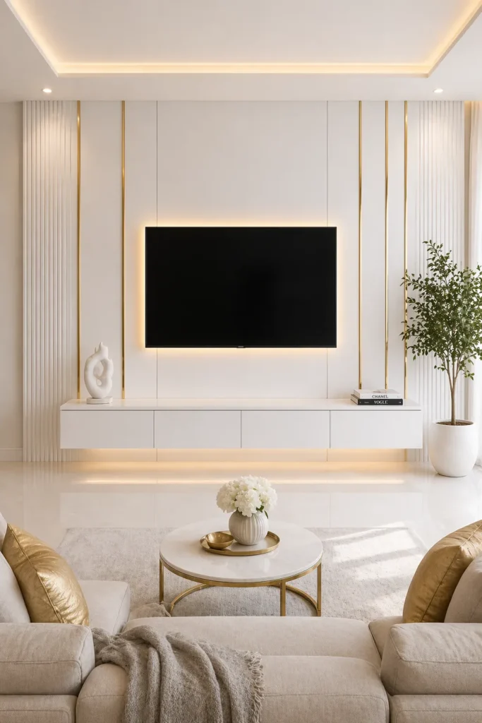 White Panel Gold Line Media Wall Idea