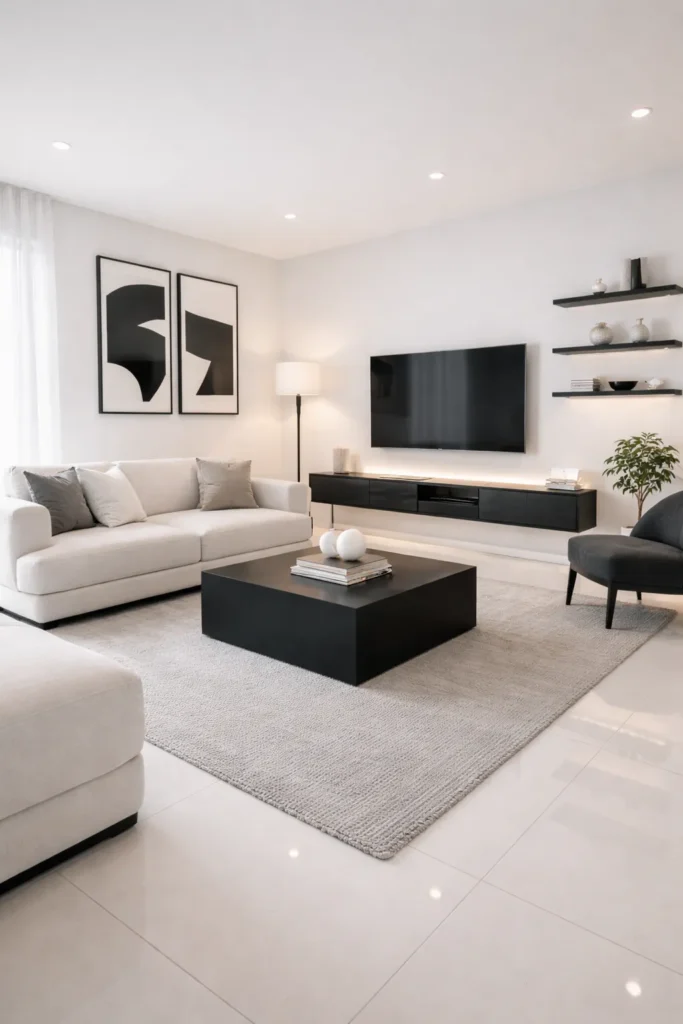 White & Black Contrast Stylish Living Room Idea