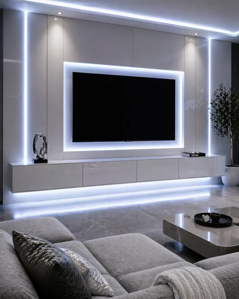 White Floating Futuristic Media Wall Idea