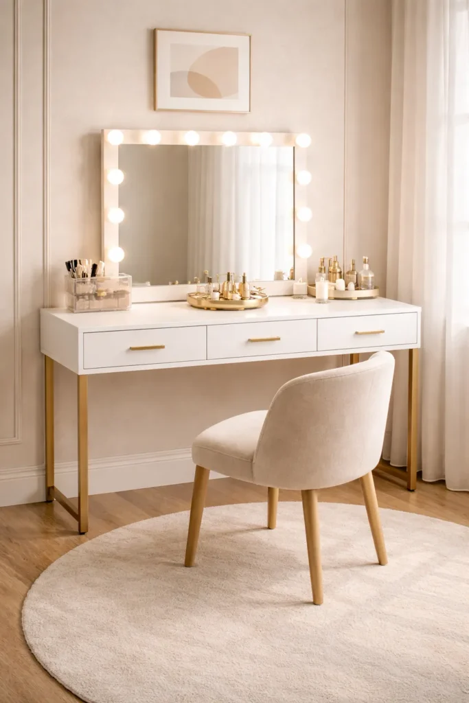 White Luxury Hollywood Mirror Dressing Table Idea