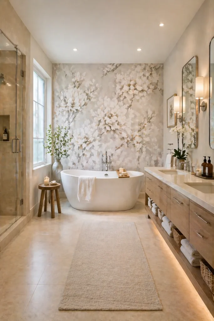 White Floral Wallpaper Serene Primary Bathroom Idea