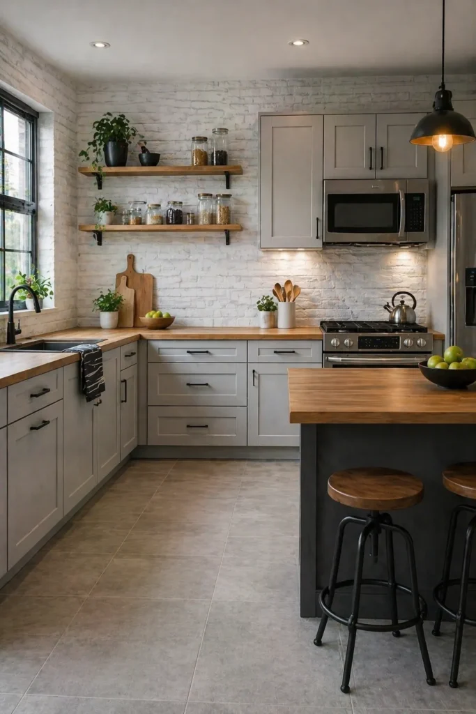 White Brick Loft Kitchen Wall Idea
