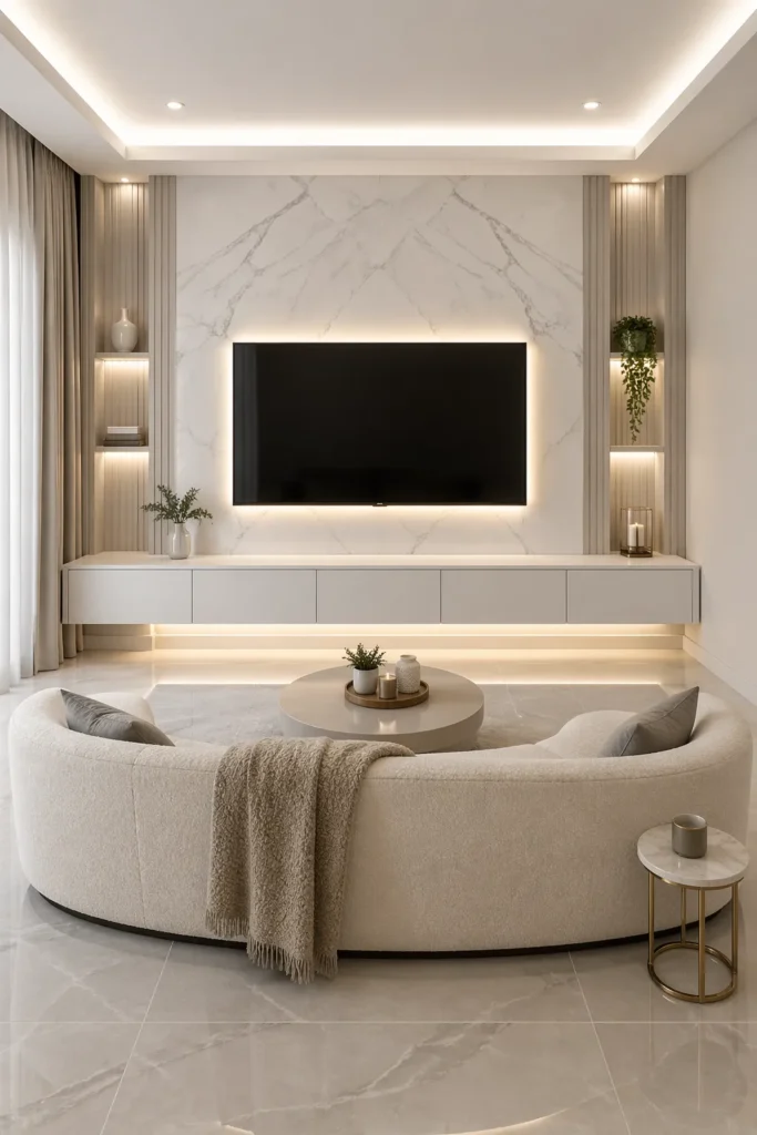 White Marble Glow Media Wall Idea