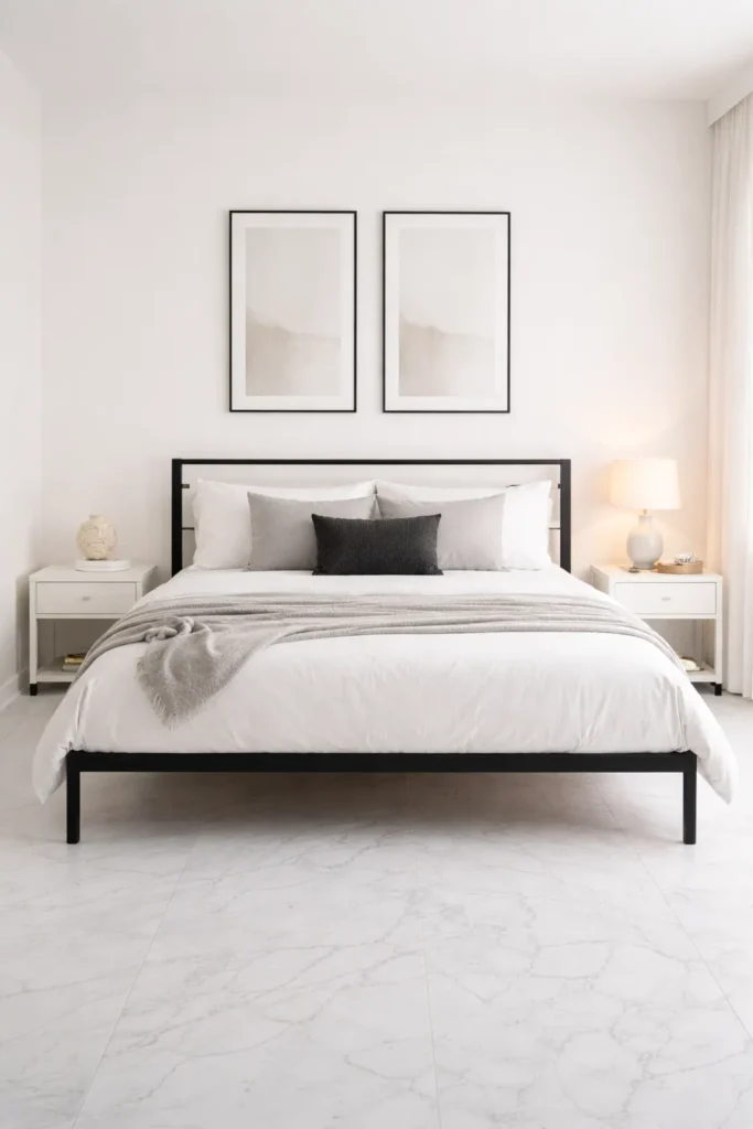 White Minimal Bedroom With Black Accent Bed Idea