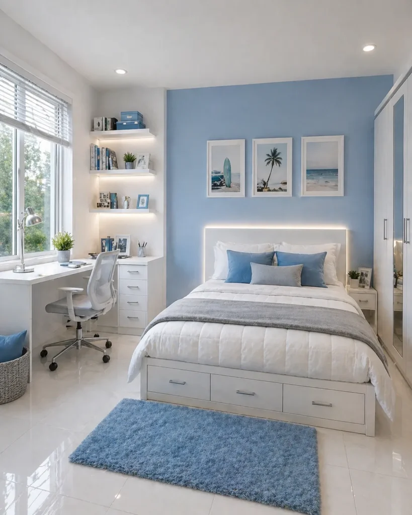 White and Blue Fresh Bedroom Idea