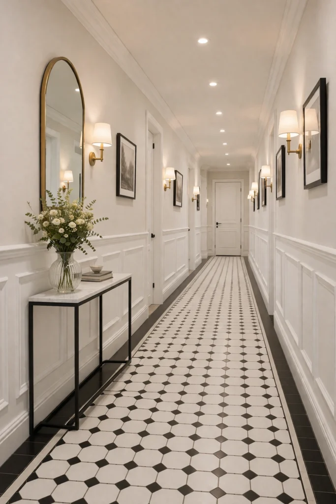 White Classic Wainscoting Hallway Paneling Idea