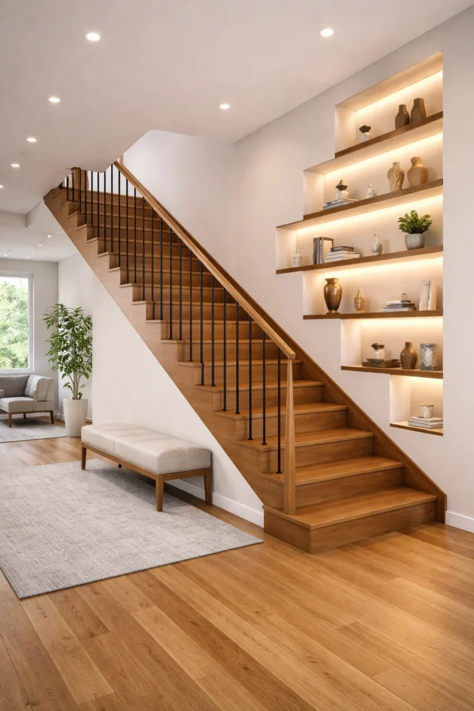 Wooden Staircase with Built-In Wall Shelves Style