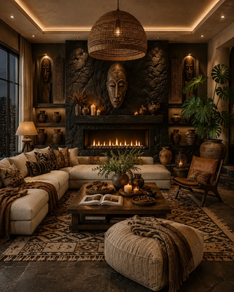 Afrohemian Living Room With Dramatic Black Stone Fireplace Idea