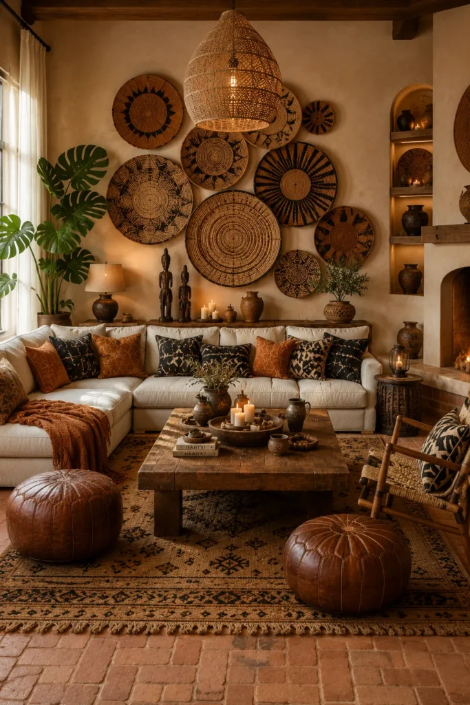 Afrohemian Living Room With Oversized Woven Wall Art Idea