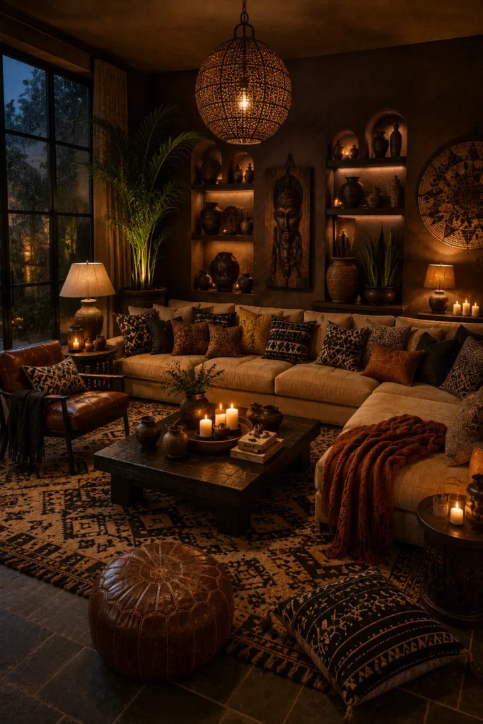 Afrohemian Living Room With Dark Earthy Elegance Idea