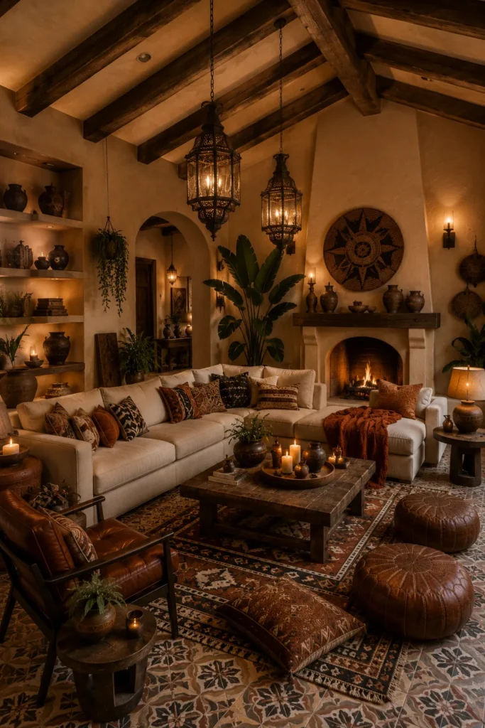 Afrohemian Living Room With Rustic Ceiling Beams Idea