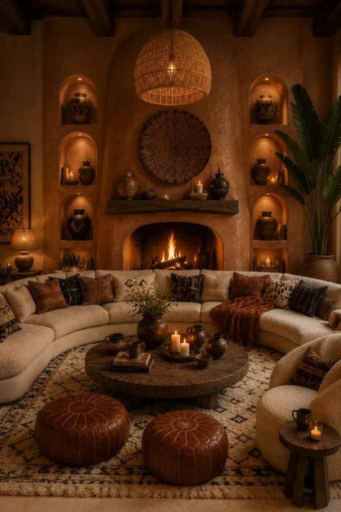 Afrohemian Living Room With Statement Clay Fireplace Idea