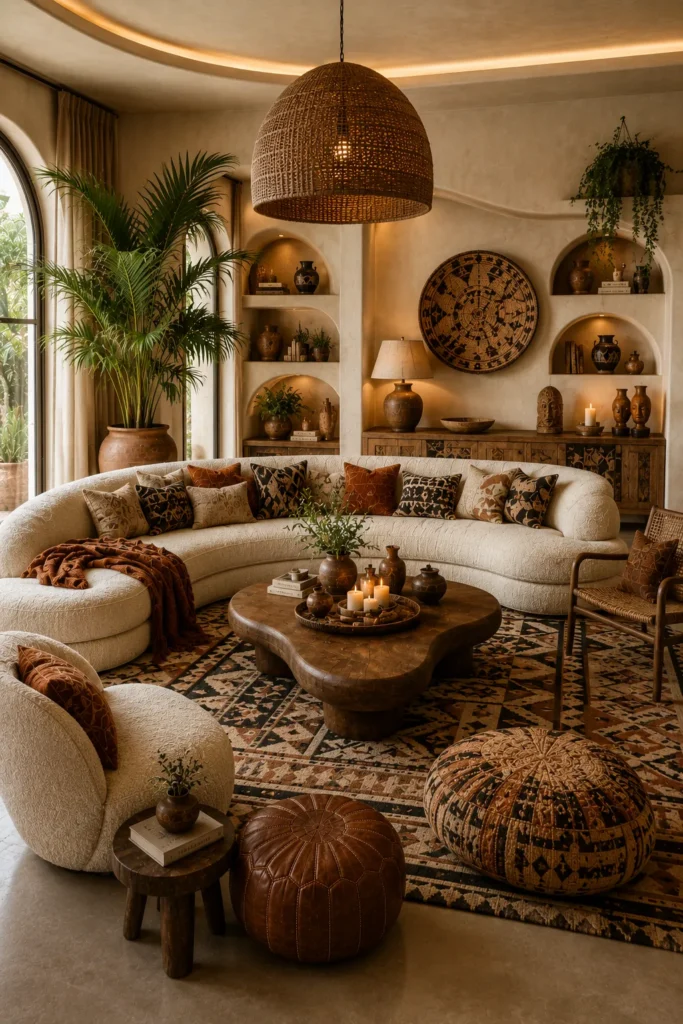 Afrohemian Living Room With Organic Curved Furniture Idea