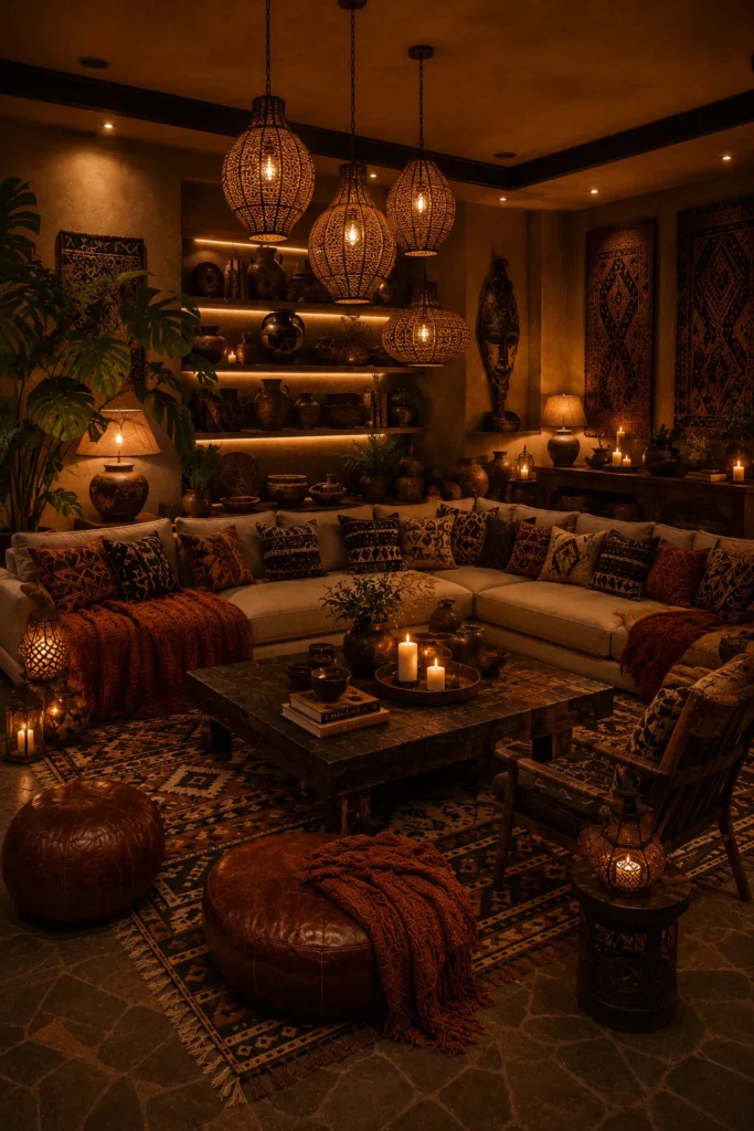 Afrohemian Living Room With Warm Layered Lighting Idea