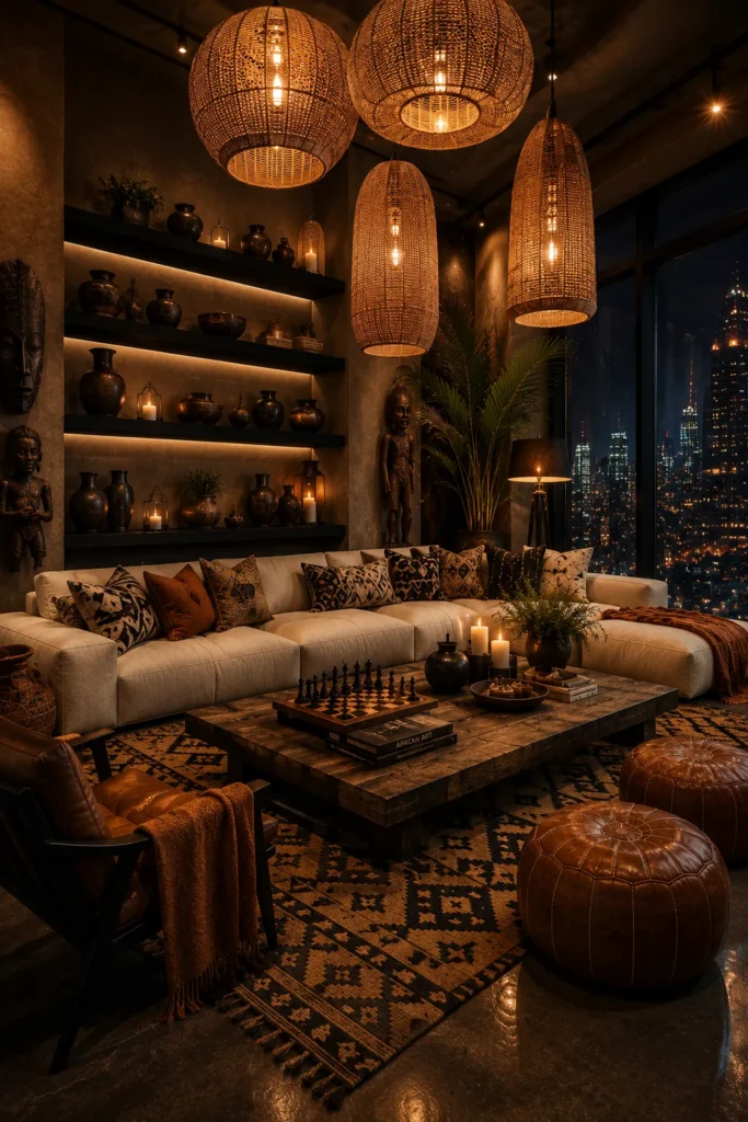 Afrohemian Living Room With Oversized Ceiling Lanterns Idea