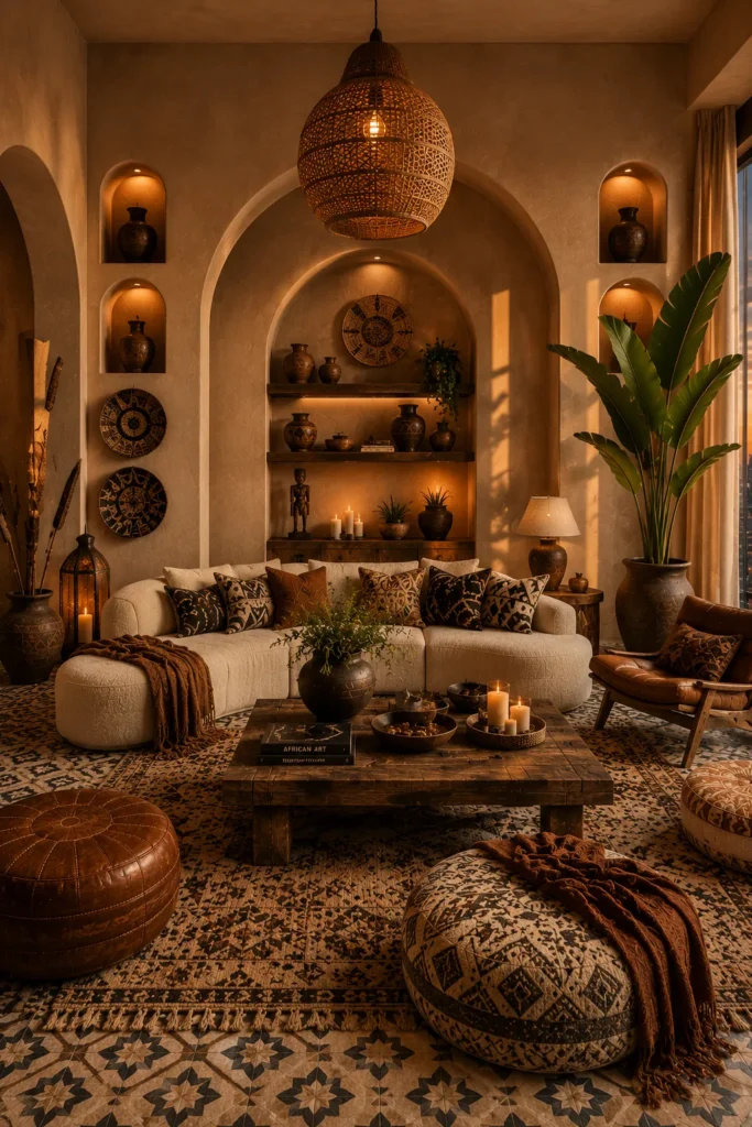 Afrohemian Living Room With Textured Archways Idea