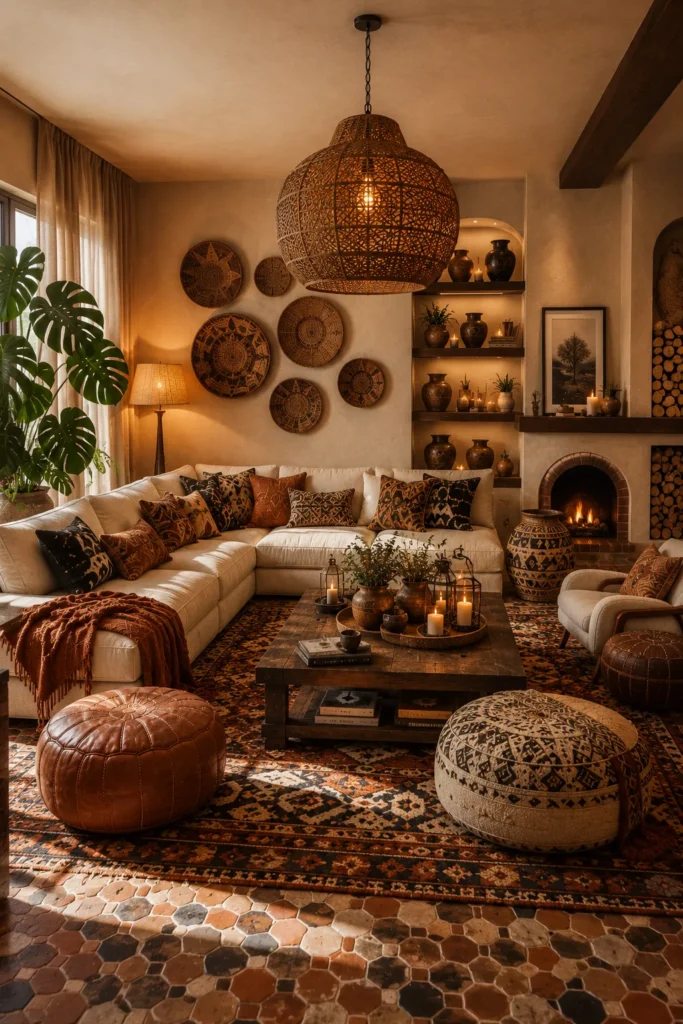 Afrohemian Living Room With Layered Earth-Tone Textiles Idea