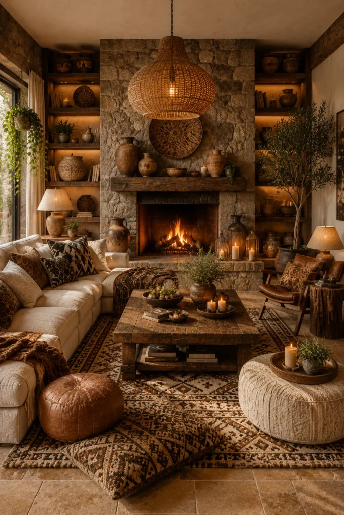 frohemian Living Room With Rustic Stone Fireplace Idea