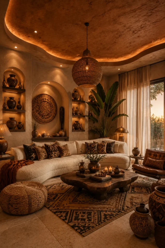Afrohemian Living Room With Textured Clay Ceiling Idea