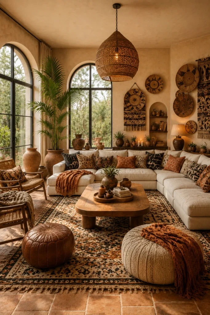 Afrohemian Living Room With Large Arched Windows Idea