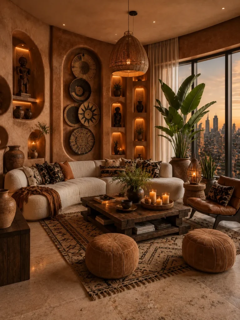 Afrohemian Living Room With Sculptural Clay Walls Idea