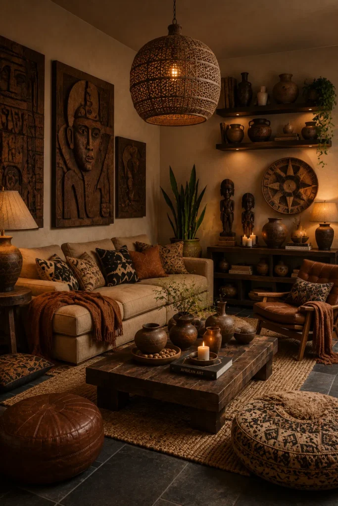 Afrohemian Living Room With Cozy Sunken Seating Idea